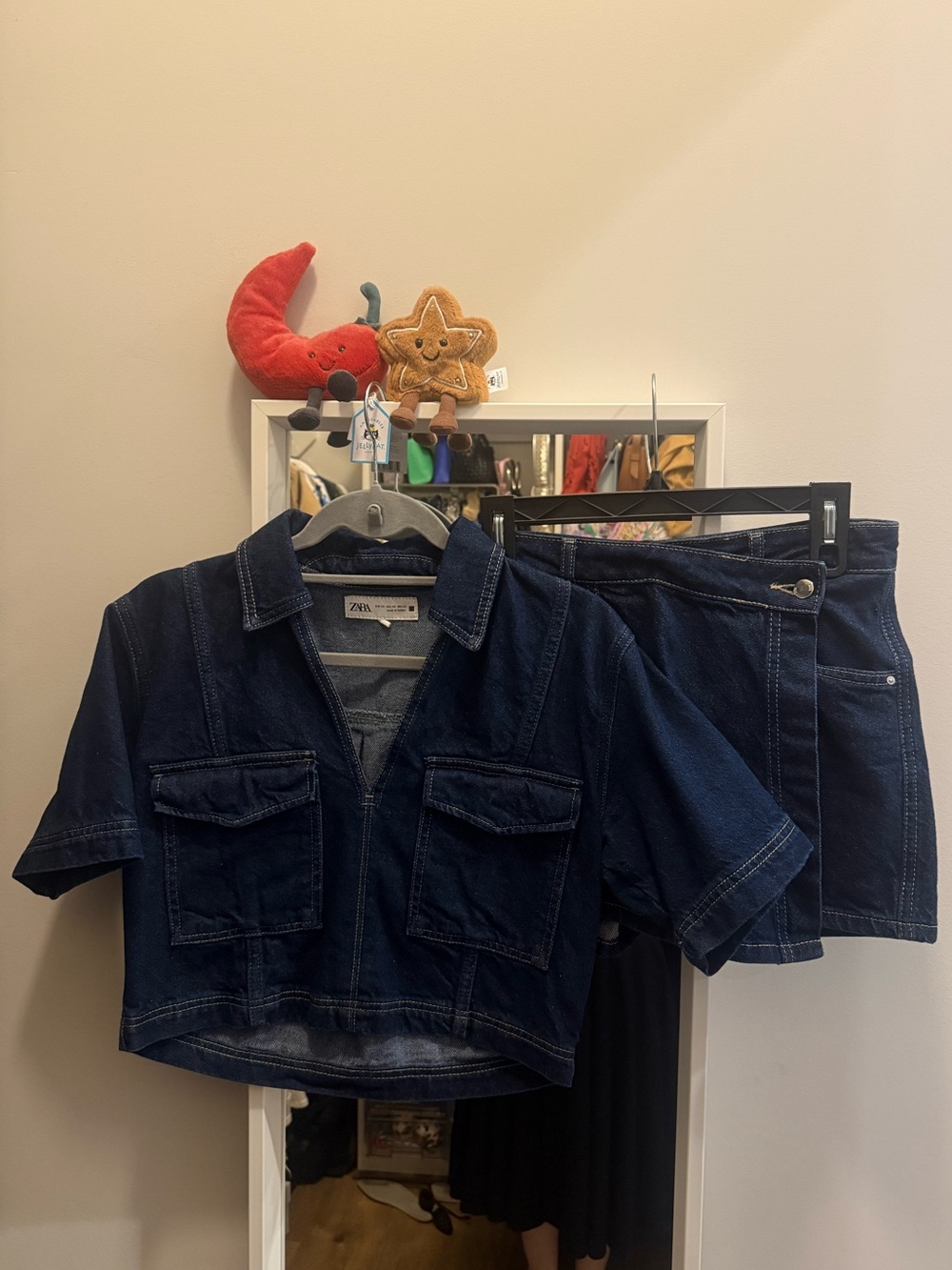 Zara Women Dark Blue Denim Crop Shirt & Mini Skort Set